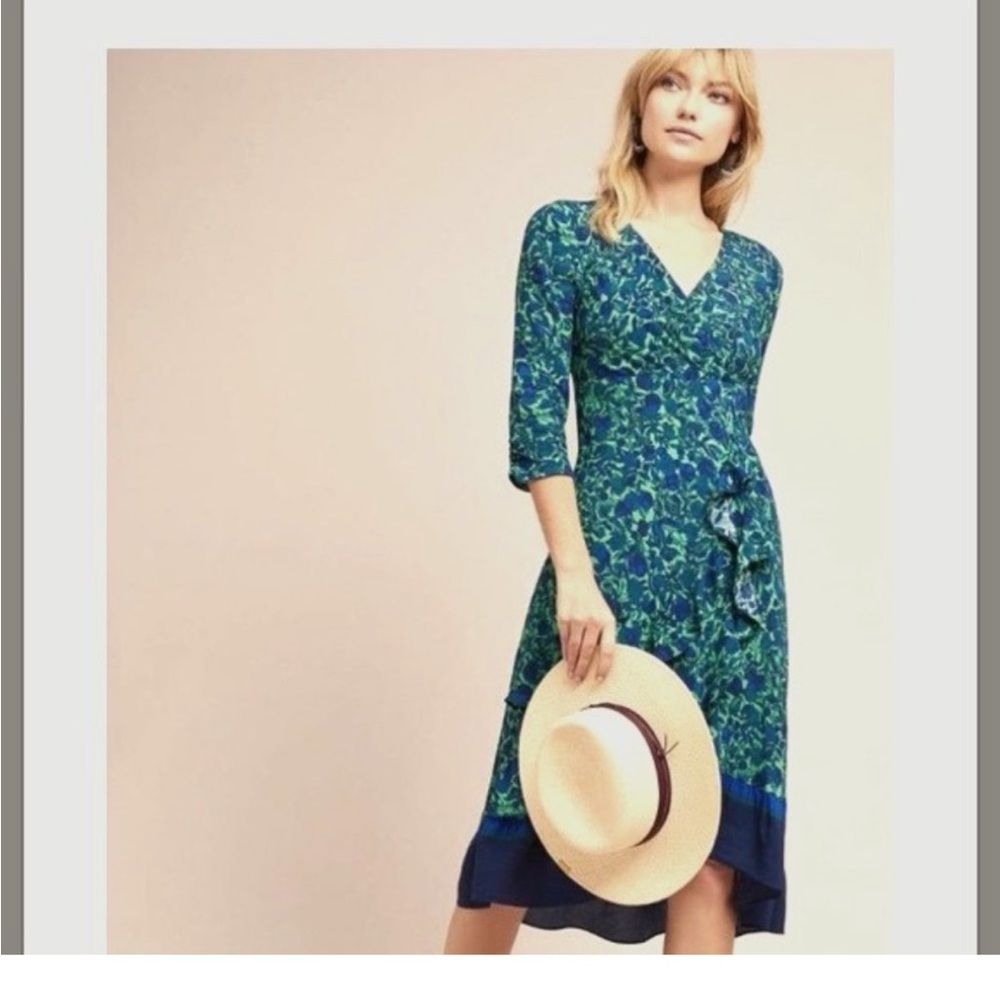Anthropologie Maeve Prunella Green &
Blue Floral Print Ruffled Dress